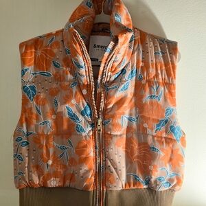 &MERCI Floral Puffer Vest with Blue and Orange Design
